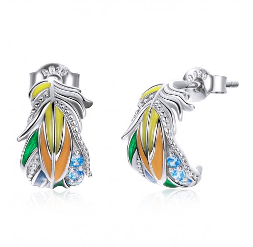 Pendientes de Pluma de Colores Plateados Estilo Pandora - SCE1128