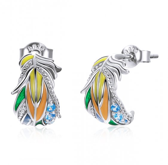 Pendientes de Pluma de Colores Plateados Estilo Pandora - SCE1128 - Haga click en la imagen para cerrar