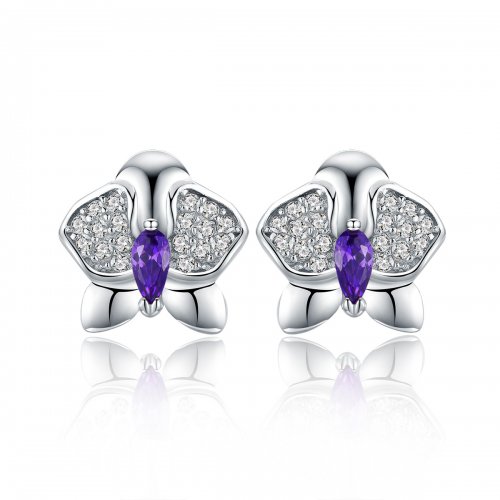Pendientes estilo Pandora de plata con forma de orquídea y mariposa - BSE036
