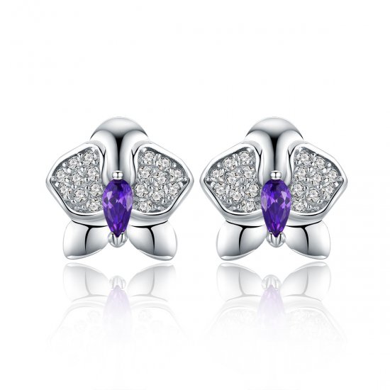 Pendientes estilo Pandora de plata con forma de orquídea y mariposa - BSE036 - Haga click en la imagen para cerrar