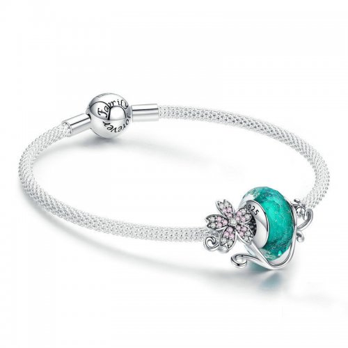 Pulsera de malla Sakura y cuenta de vidrio verde plateado estilo Pandora - SCB822