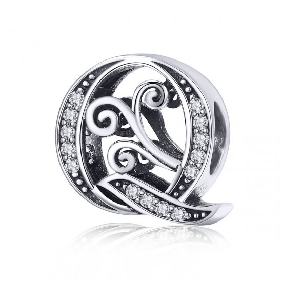 Charm con letra Q brillante de estilo Pandora con pavé de flores - BSC030-Q - Haga click en la imagen para cerrar