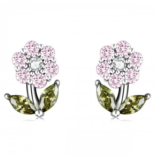 Pendientes de botón estilo Pandora con delicadas flores - BSE592-PK