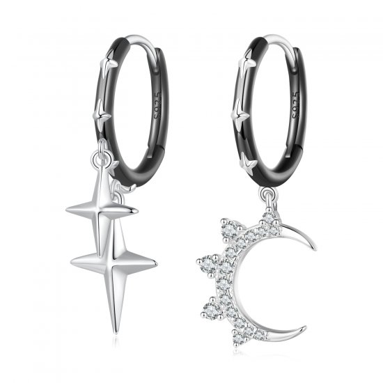 Pendientes de aro con estilo Pandora de estrellas y luna brillante - BSE805 - Haga click en la imagen para cerrar