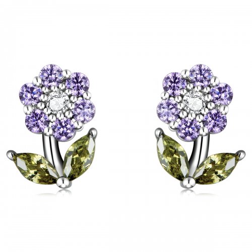 Pendientes de botón estilo Pandora con delicadas flores - BSE592-VT