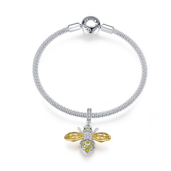 Pulsera de malla de abeja trabajadora y encantadora, estilo Pandora, plateada y bañada en oro - SCB830 - Haga click en la imagen para cerrar