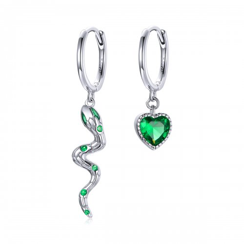 Estilo Pandora Plata El Amor de la Serpiente y Corazón Verde Pendientes Colgantes - SCE1006