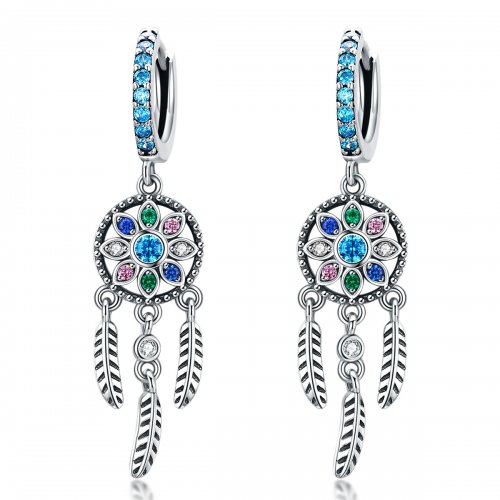 Pendientes colgantes de estilo Pandora con atrapasueños de plata - SCE713
