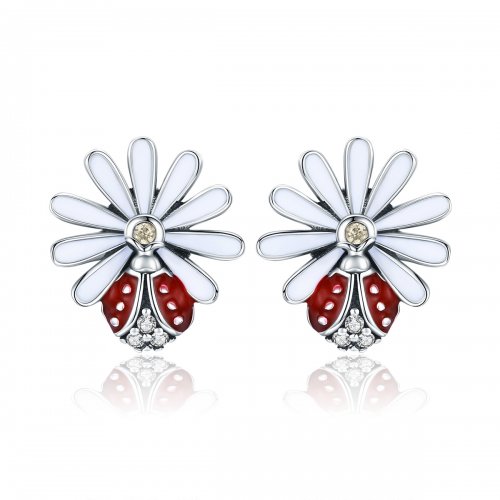 Pendientes de Flor y Mariquita de Plata de Estilo Pandora - SCE459