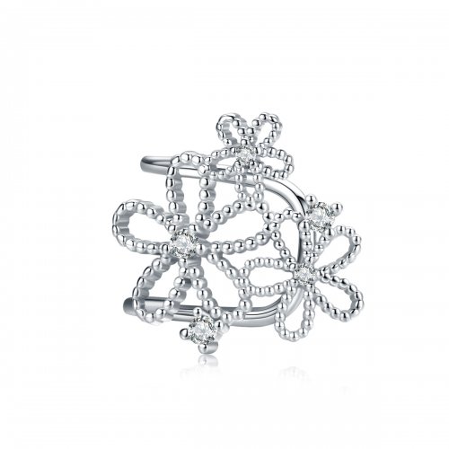 Pendientes de Botón Estilo Pandora con Flores Brillantes de Plata - SCE921