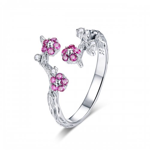 Anillo abierto estilo Pandora de flor de ciruelo plateado - BSR022