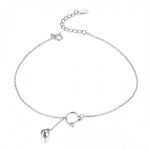 Pulsera de tobillo estilo Pandora de plata con lindo gatito y campana - SCT003
