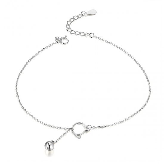 Pulsera de tobillo estilo Pandora de plata con lindo gatito y campana - SCT003 - Haga click en la imagen para cerrar