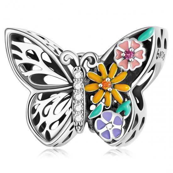 Pulsera estilo Pandora con encanto de flor y mariposa - BSC588 - Haga click en la imagen para cerrar