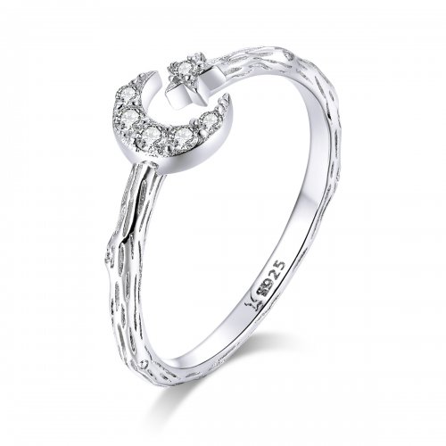 Anillo abierto de estilo Pandora plateado con estrellas y luna vintage - SCR638