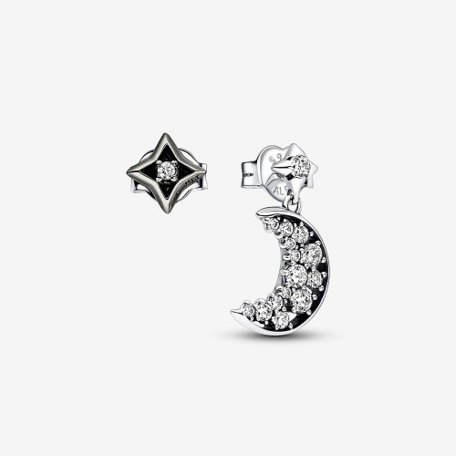 Pendientes de botón Pandora Luna y estrella de plata de ley y chapados en rutenio - 292782C01