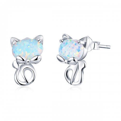 Estos aretes de pasador de gato lindos con estilo Pandora y ópalo - SCE828