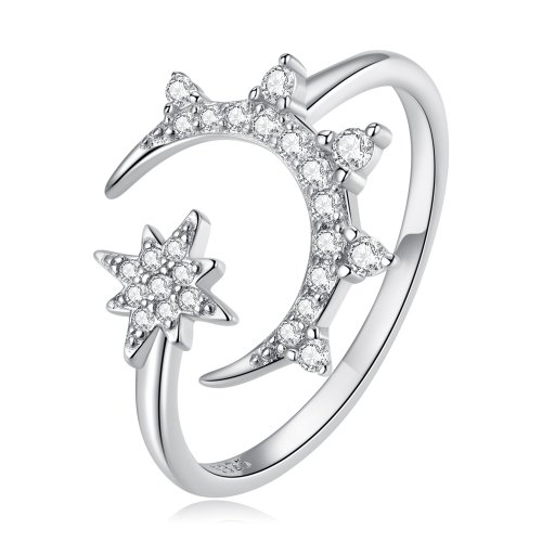 Anillo abierto estilo Pandora con luna y estrellas - BSR300 Anillo abierto estilo Pandora con luna y estrellas - BSR300