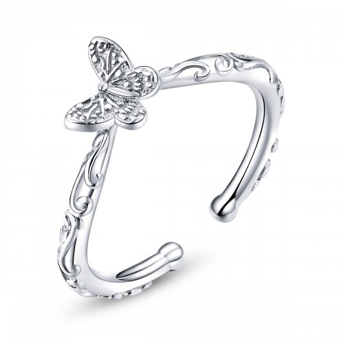 Anillo abierto de mariposa con patrón vintage en plata estilo Pandora - SC