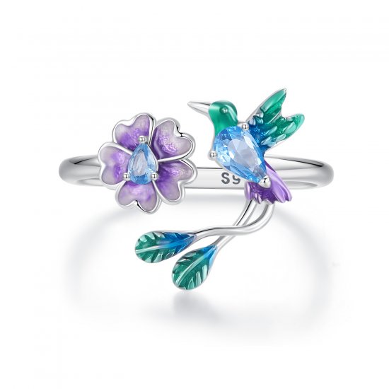 Anillo abierto estilo PANDORA con flores y pájaros - BSR536-E - Haga click en la imagen para cerrar
