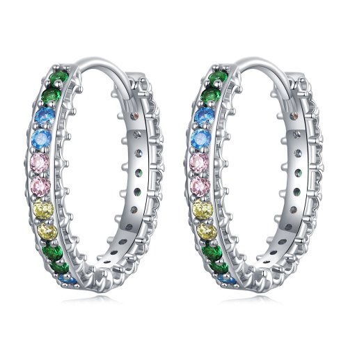 Aretes de aro estilo Pandora con patrón de color y circonio - BSE683 Aretes de aro estilo Pandora con patrón de color y circonio - BSE683