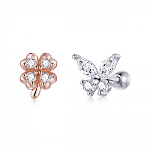 Aretes estilo Pandora bicolor de dos tonos con hierba de la suerte y mariposas - SCE1008