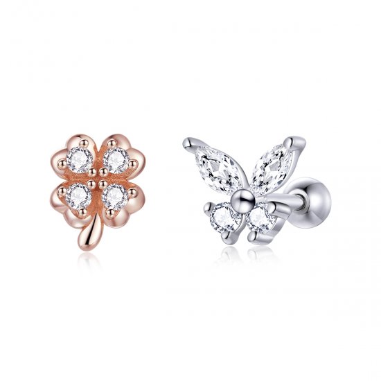 Aretes estilo Pandora bicolor de dos tonos con hierba de la suerte y mariposas - SCE1008 - Haga click en la imagen para cerrar