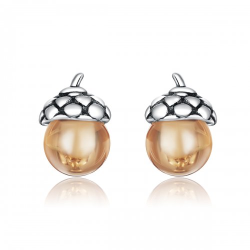Pendientes de botón estilo Pandora de plata brillante con forma de fruto del roble - SCE935