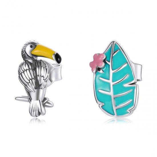 Pendientes de botón de estilo Pandora en plata con gran pájaro de pico largo y hoja - SCE1083 - Haga click en la imagen para cerrar