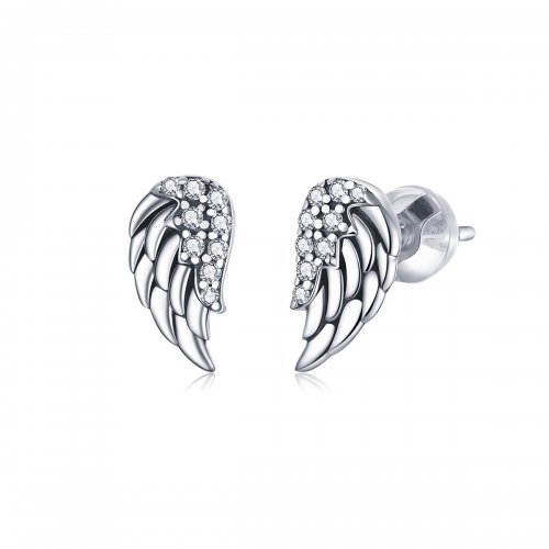 Pendientes de botón estilo Pandora con alas de plata - SCE882