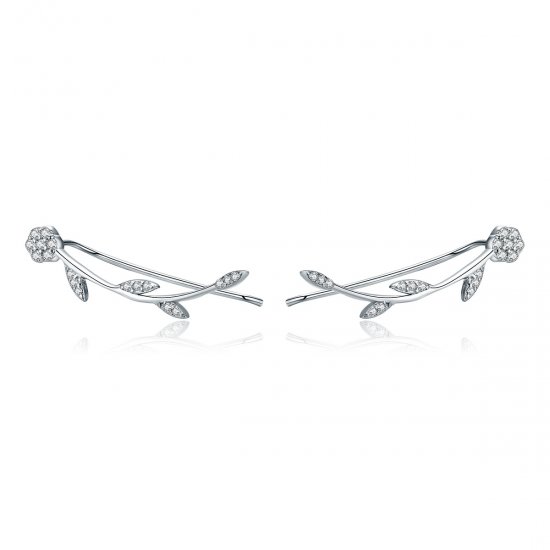 Aretes de botón estilo Pandora están hechos de plata y tienen un diseño de hojas brillantes - SCE266 - Haga click en la imagen para cerrar