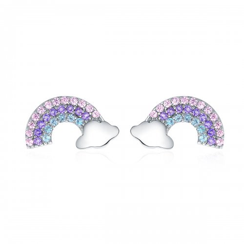 Aretes de botón plateados con estilo Pandora presentan un pequeño arcoíris - SCE578