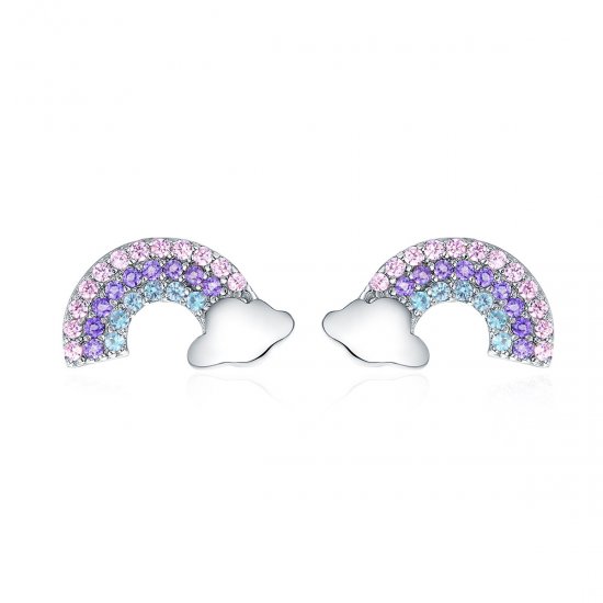 Aretes de botón plateados con estilo Pandora presentan un pequeño arcoíris - SCE578 - Haga click en la imagen para cerrar