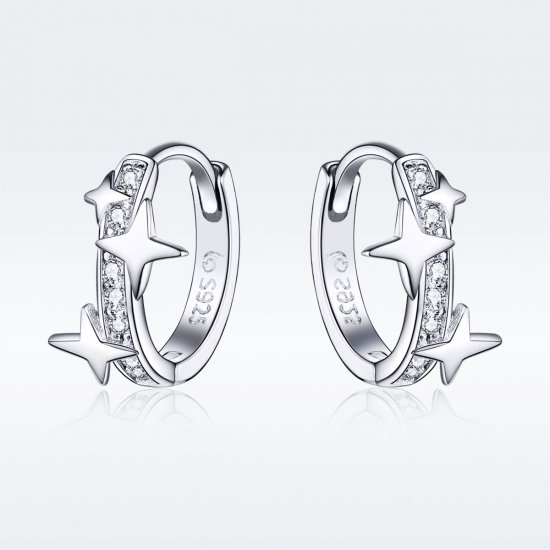 Estilo Pandora Plata Un par de aretes de argolla con estrella de los deseos - BSE076 - Haga click en la imagen para cerrar