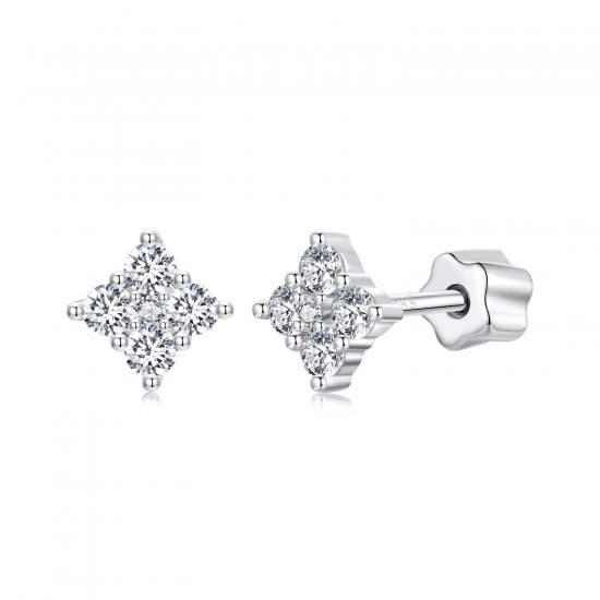 Pendientes estilo PANDORA con moissanita y trébol de cuatro hojas (con un certificado) - MSE056 - Haga click en la imagen para cerrar
