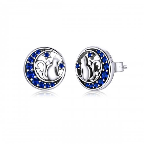 Pendientes de Botón Estilo Pandora Plata Luna Azul y Gatito - SCE880