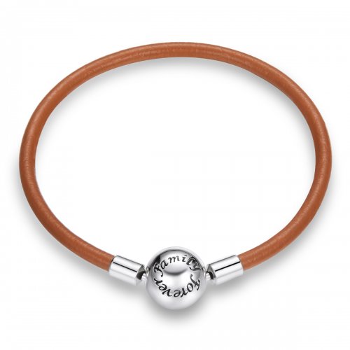 Pulsera de cuero en estilo Pandora plateada "Familia para siempre" - SCB215