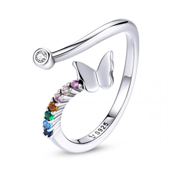 Anillo abierto estilo Pandora con mariposa arcoíris - SCR730 - Haga click en la imagen para cerrar