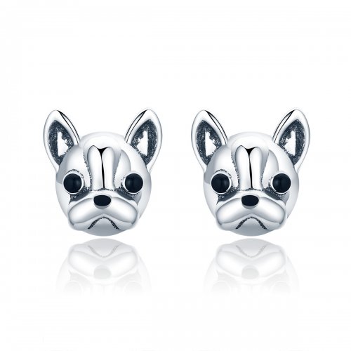 aretes de perno estilo Pandora en plata tienen un diseño adorable de bulldog - SCE283