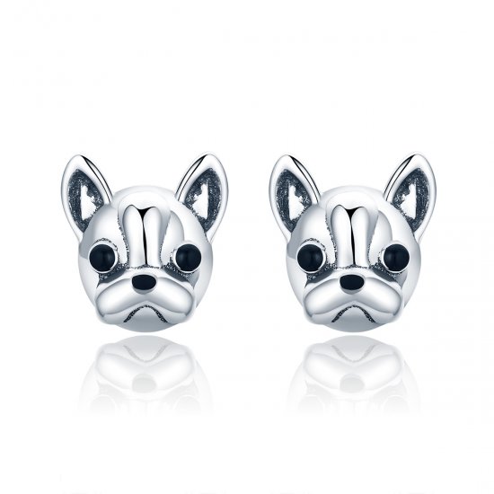 aretes de perno estilo Pandora en plata tienen un diseño adorable de bulldog - SCE283 - Haga click en la imagen para cerrar