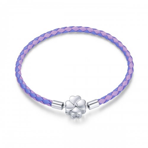 Pulsera de cuero estilo Pandora con trébol de la suerte en plata - SCB214