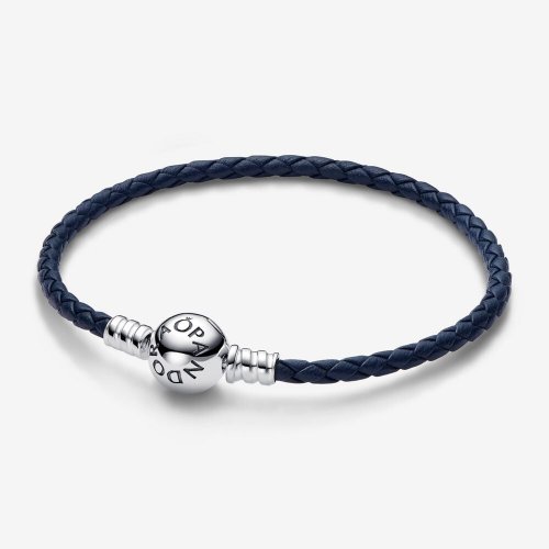 Pulsera de Cuero Trenzado Azul con Cierre Redondo de Pandora Moments - 592790C01