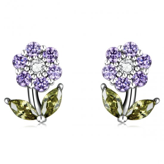 Pendientes de botón estilo Pandora con delicadas flores - BSE592-VT - Haga click en la imagen para cerrar
