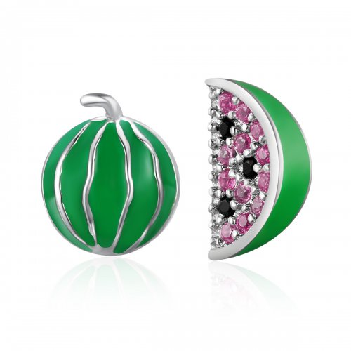 aretes de botón estilo Pandora en plata tienen un diseño de sandía con amor - SCE105