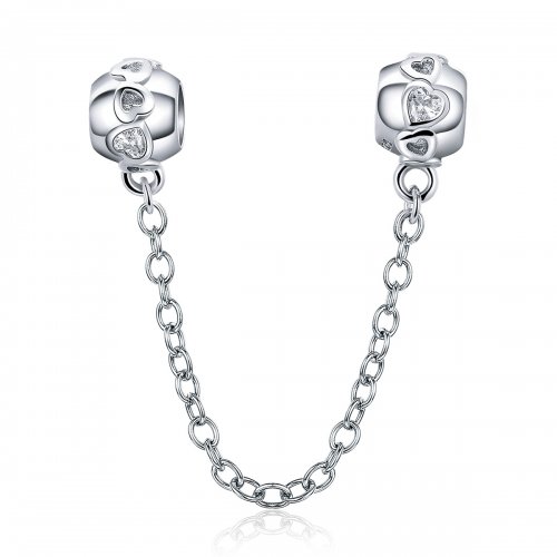 Pulsera de estilo Pandora con cadena de seguridad de corazones lindos en plata - SCC736