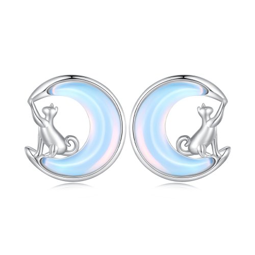 Pendientes de Tuerca Estilo Pandora con Luna y Gato - BSE913