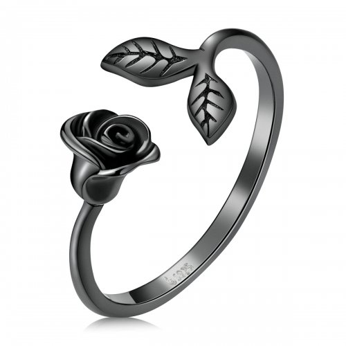 Anillo abierto estilo PANDORA con rosa negra - BSR239