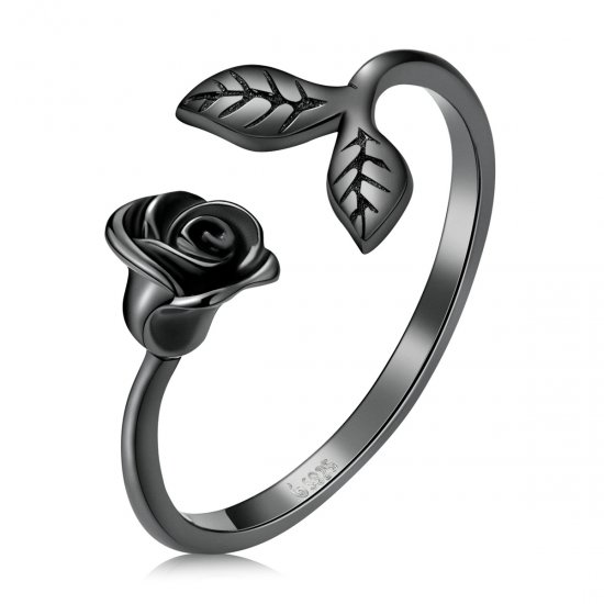 Anillo abierto estilo PANDORA con rosa negra - BSR239 - Haga click en la imagen para cerrar