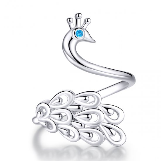 Anillo abierto estilo Pandora de plata con diseño de pavo real - SCR592 - Haga click en la imagen para cerrar