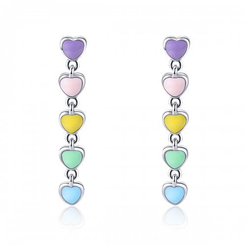 Pendientes de botón de plata estilo Pandora con corazones arcoíris - SCE451